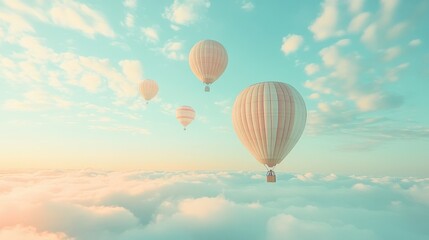 Obraz premium Serene hot air balloons floating in a pastel sky above clouds.
