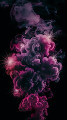 Purple and pink smoke with glowing light on black background