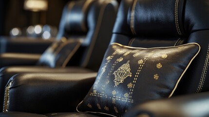 Close-up of premium stadium seating, modern luxury design, dark leather with gold accents, capturing exclusivity and high-end event experience at sports venues