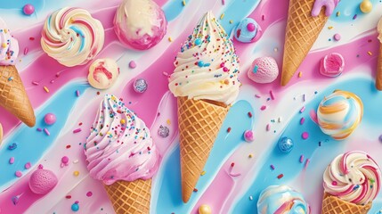 Colorful ice cream cones with vibrant sprinkles and candy toppings.