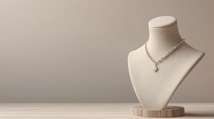 Close-up shot of a beige mannequin jewelry stand displaying a minimalist pendant necklace, white and cream background, wooden holder, stone texture, trendy 3D render, luxury
