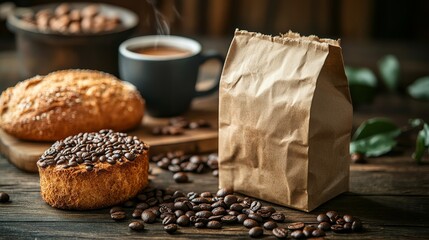 Coffee packaging bag made from eco-friendly materials, with a bread loaf and a mug in a cafe setting, organic textures, natural soft lighting, warm atmosphere