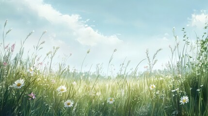 Fototapeta premium Sunny meadow with wildflowers under a bright blue sky.