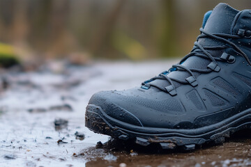 Black hiking boot on a wet trail depicting outdoor adventure and rugged endurance.
