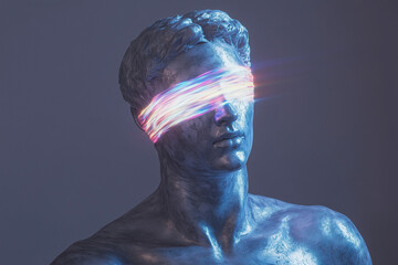 Modern sculpture with neon light blindfold conveying mystery against a dark backdrop.