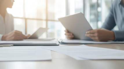 Fototapeta premium HR team reviewing compliance documents and ensuring company policies align with labor laws compliance, HR legal, policy review