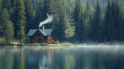 Cozy log cabin nestled by a tranquil forest lake.