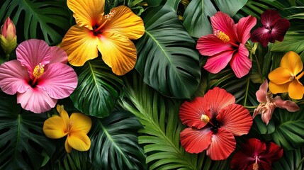 Vibrant tropical flowers amidst lush green foliage.