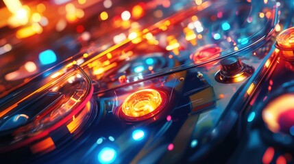 Vibrant close-up of a colorful pinball machine in action.