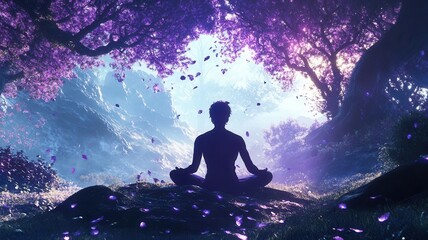 Fototapeta premium Mindbody healing, person surrounded by light in nature, 3D illustration