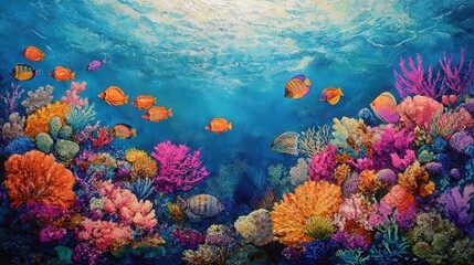 Fototapeta premium Vibrant coral reef teeming with colorful fish in crystal clear waters.
