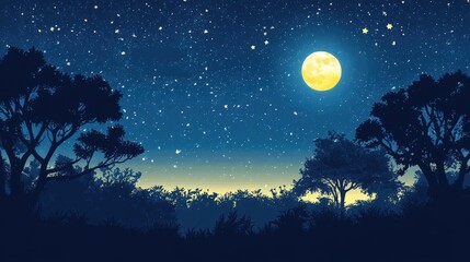 Naklejka premium Tranquil night sky with glowing full moon over silhouetted trees.