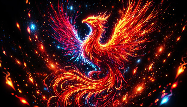 Fiery Phoenix Rising with Glowing Wings and Embers in Cosmic Night Sky 4K Wallpaper, Rebirth Background, Wall Art, Frame TV Art	