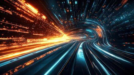 Obraz premium Futuristic light tunnel with vibrant orange and blue streaks.