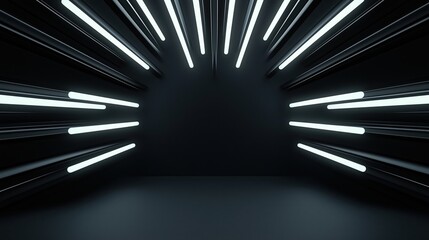 Black room with white lights shining through the ceiling. The lights are arranged in a way that creates a sense of depth and space. The room appears to be empty