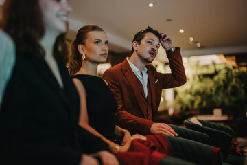 A diverse group of young professionals attentively participating in a formal meeting. The setting suggests a conference or business networking event, highlighting teamwork and collaboration.