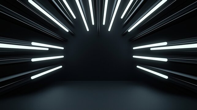 Black room with white lights shining through the ceiling. The lights are arranged in a way that creates a sense of depth and space. The room appears to be empty