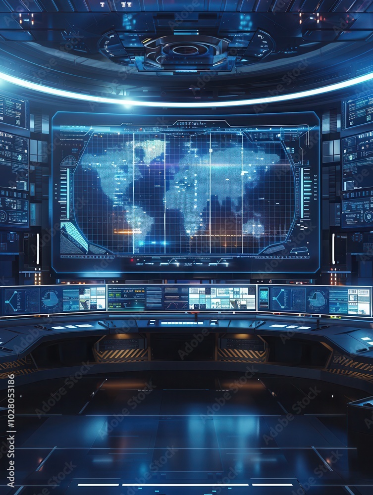 Poster A logistics control center is actively managing delivery and route data on large screens, ensuring efficient operations and tracking. Generative AI