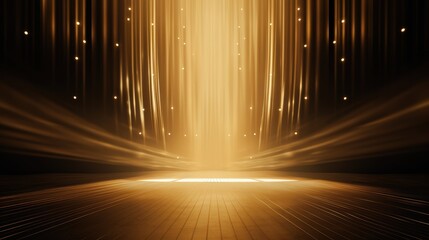 Golden confetti rain on festive stage with light beam in the middle, empty room at night mockup
