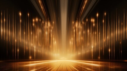 Golden confetti rain on festive stage with light beam in the middle, empty room at night mockup