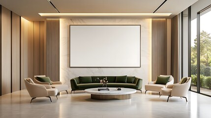 A luxury contemporary living room with glossy finishes, plush seating, and a large blank white frame mounted above a marble coffee table, ready for a statement piece.