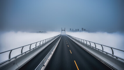 Empty bridge road disappearing into the fog leading to the city