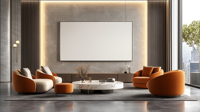 A luxury contemporary living room with glossy finishes, plush seating, and a large blank white frame mounted above a marble coffee table, ready for a statement piece.