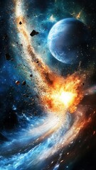 Obraz premium Energy wave from an explosion in outer space, with distant planets in the background, symbolizing cosmic destruction