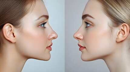 Visual testimonial of rhinoplasty, showcasing a patient's facial transformation with refined nose structure, clear before-and-after photos, Realistic, Neutral Background
