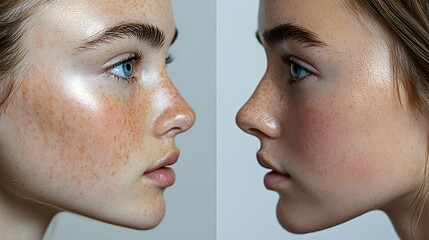 Side-by-side images of a patient's nose before and after rhinoplasty, showcasing the reshaping of the nasal bridge and nostrils, high-definition, Crisp Lighting