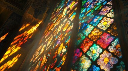 Vibrant stained glass window casting colorful patterns on a wall.