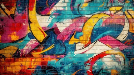 Obraz premium Vibrant, abstract street art on a brick wall.
