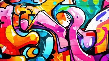 Naklejka premium Vibrant graffiti art with bold colors and dynamic shapes on a brick wall.