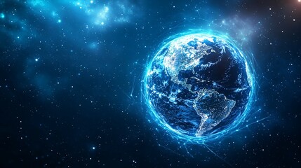 Fototapeta premium Illuminated Earth Globe Surrounded by a Network of Blue Lines in Space