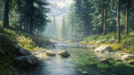 Obraz premium Serene forest stream flowing through a sunlit woodland landscape.