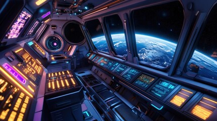 Futuristic spaceship cockpit with Earth visible through the windows.