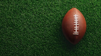 Obraz premium Top view of a rugged American football on bright green field grass, wide open field of view, ideal for text placement on either side