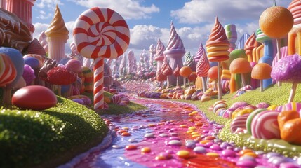 Vibrant candy landscape with a colorful river and lollipop trees.
