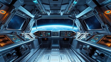Fototapeta premium Futuristic spacecraft cockpit with Earth view from orbit.