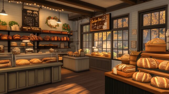 Cozy bakery interior with a variety of freshly baked bread.