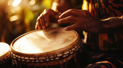 A close-up of rhythmic drumming with soft lighting and peaceful atmosphere, calming rhythmic flow,