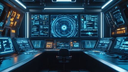 Futuristic control room filled with glowing digital interfaces.