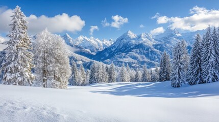 Obraz premium Snow-covered mountain landscape with frosted trees under a clear blue sky.