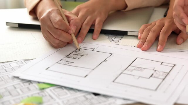 Professional engineer team discussion about house design on meeting table with architectural equipment and building blueprint scatter around at modern office. Focus on hand. Closeup. Delineation.