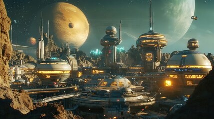 Futuristic space cityscape under a vibrant planetary sky.