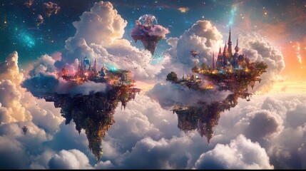 Floating castles in a vibrant, dreamlike sky setting.