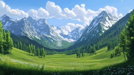 Obraz premium Serene mountain landscape with lush green valley and blue sky.