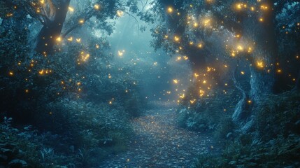 Mystical forest path illuminated by glowing fireflies at dusk.