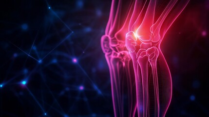 Fototapeta premium Skeleton knee with glowing holograms for joint pain analysis, osteoarthritis mapping, neon lights for futuristic joint healing tech, Futuristic, Sci-Fi Neon