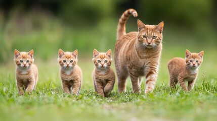 A mother cat walks with her four playful kittens in a lush green field.